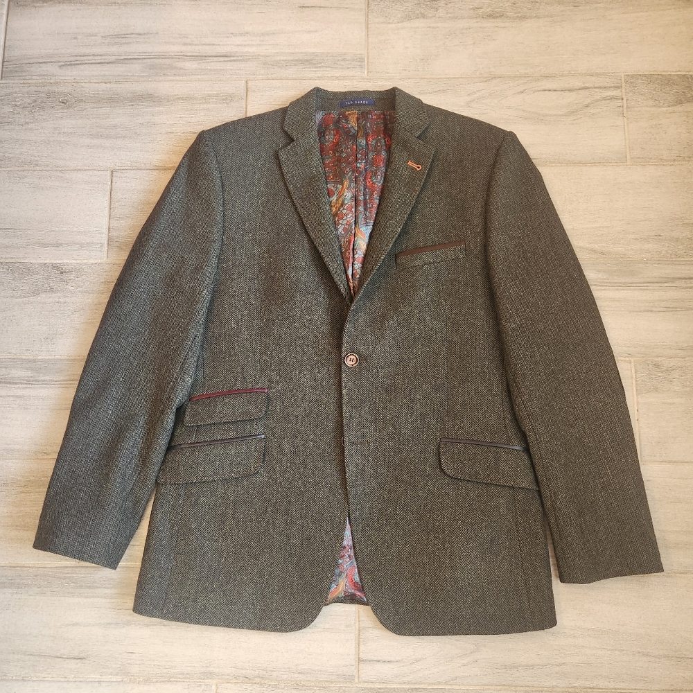 Ted Baker Sport Coat Men's 42R Antracite Gray 100% Wool Blazer Tight Lines Fish